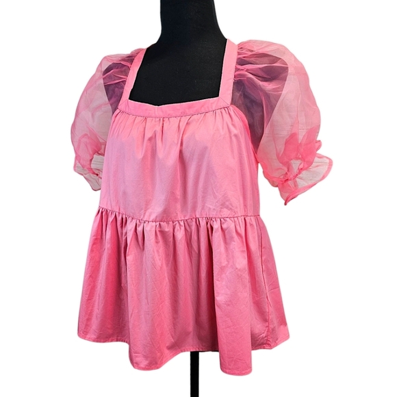 Tuckernuck Pomander Place Pink Organza Puff Sleeve Top Square Neck Blouse XS - Picture 3 of 14